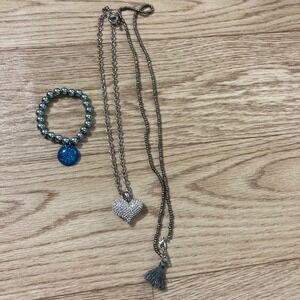 Unbranded Jewelry Set Women OS Blue Silver Heart Rhinestone Tassel 3pc BUNDLE